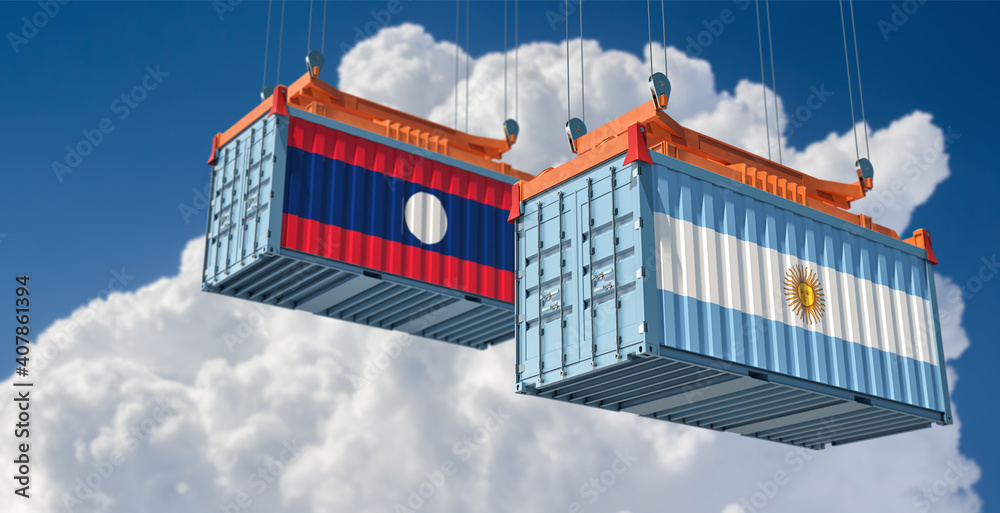 Freight containers with Argentina and Laos flag. 3D Rendering 
