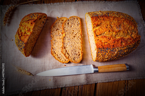 Flaxseed bread with a poppy seed and sesame mixture photo