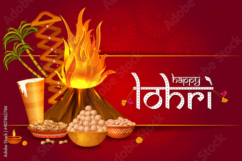 Happy Lohri Punjabi religious holiday background for harvesting festival of India
