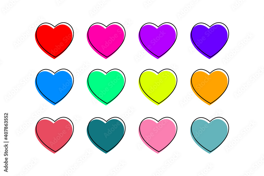 set of colorful cartoon flat style heart shapes creative new design for valentines day greetings banners backgrounds posters.
