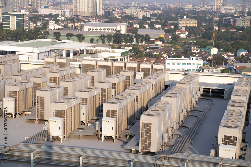 Many air conditioning cooling systems are placed on the floor of high ...