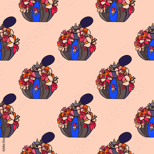 Bright tropical seamless pattern with bottles of fragrance. Endless texture for fashion design.
