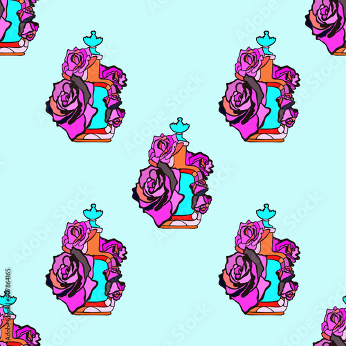 Bright purple and blue summer tropical seamless pattern with bottles of fragrance. Endless texture for fashion design.