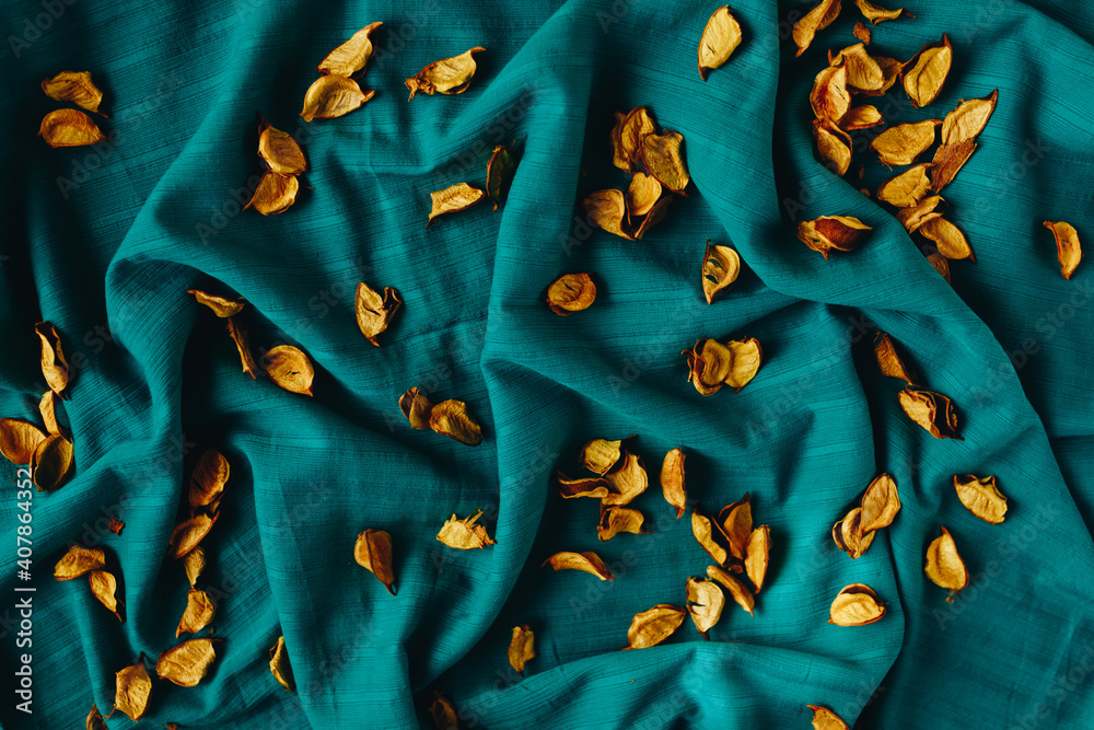 Aesthetic gold dry leaves and rose petals on the dark green/blue, deep ocean color background. Autumn, end of circle concept. Aesthetic gold dry leaves and rose petals on the dark green/blue, deep ocean color background. Autumn, end of circle concept.