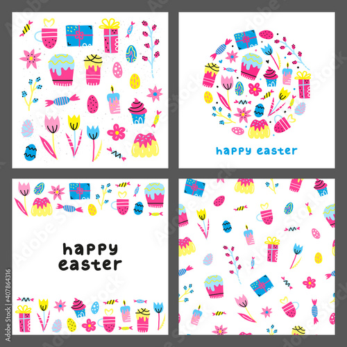 Set of cards with colorful doodle decorative Easter icons isolated on grey background. Composition, poster and seamless pattern.