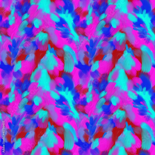 Abstract seamless pattern. Hand drawn oil illustration. Texture for print, fabric, textile, wallpaper. Colorful background in blue, pink, red colors.