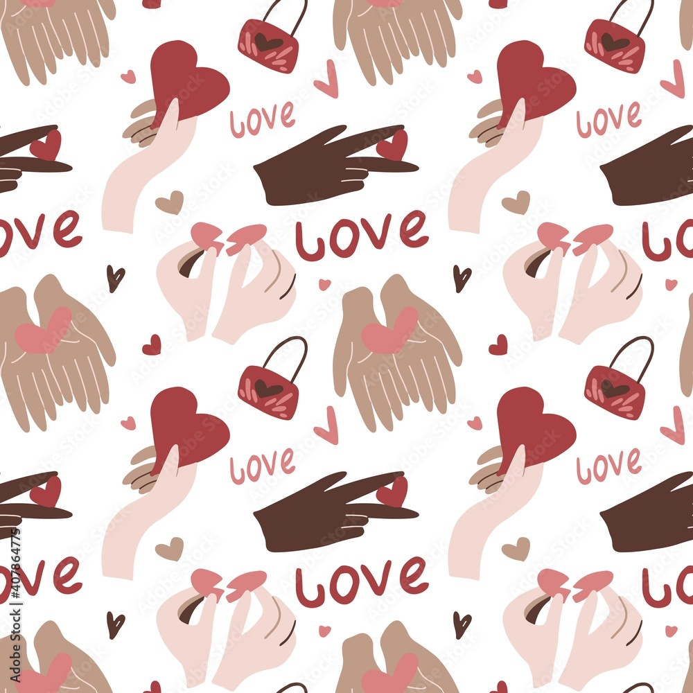 Pattern with hearts in hands of variety colors, locks and love lettering on a white background