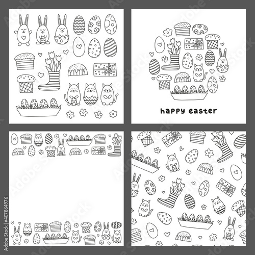 Set of cards with outline doodle decorative Easter icons isolated on grey background. Composition, poster and seamless pattern.