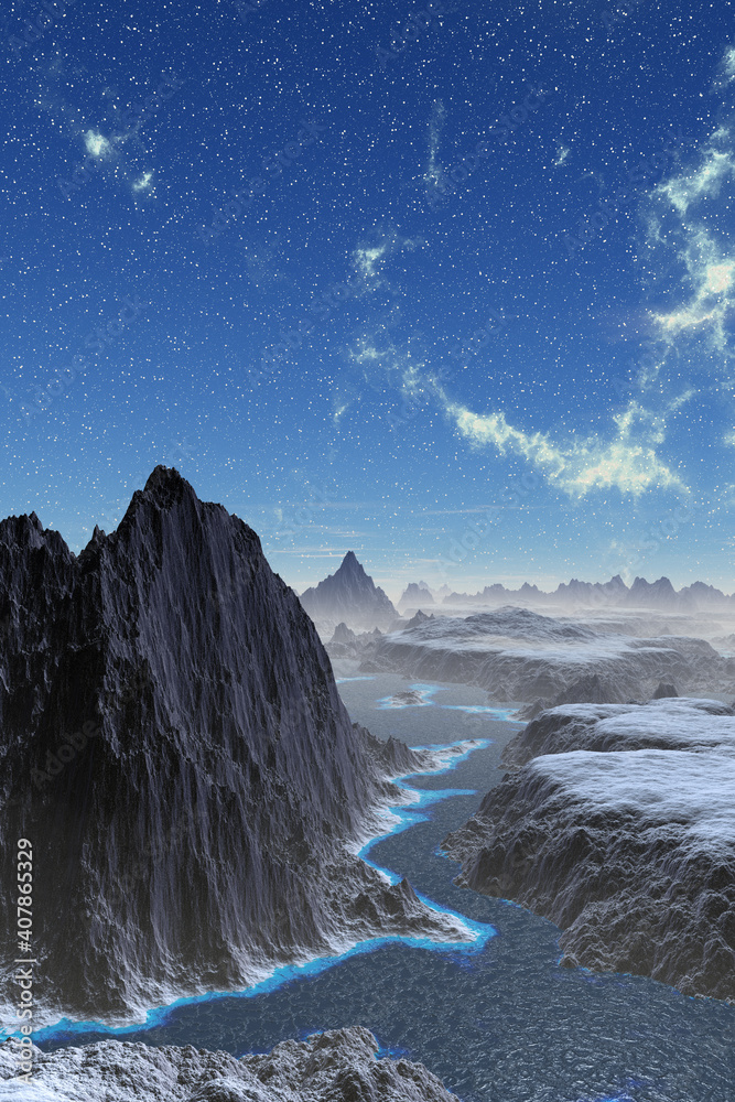 Alien Planet. Mountain and lake. 3D rendering