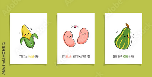 Set of cards with veggies and funny phrases. Puns with cute corn, bean and gourd. Kawaii drawing of vegetables.