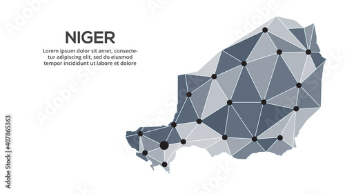 Niger communication network map. Vector image of a low poly global map with city lights. Map in the form of triangles and dots