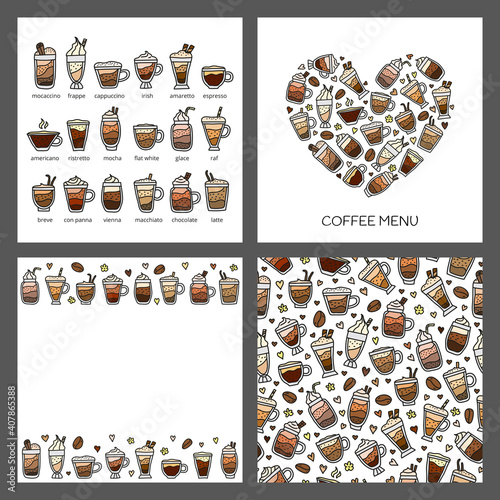 Set of cards with doodle colored coffee drinks isolated on grey background. Composition, poster and seamless pattern.
