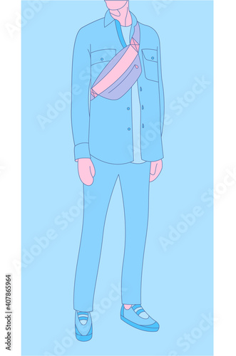 Guy with a fanny pack, stylish teen, isolated vector illustration. Accessory for travelling