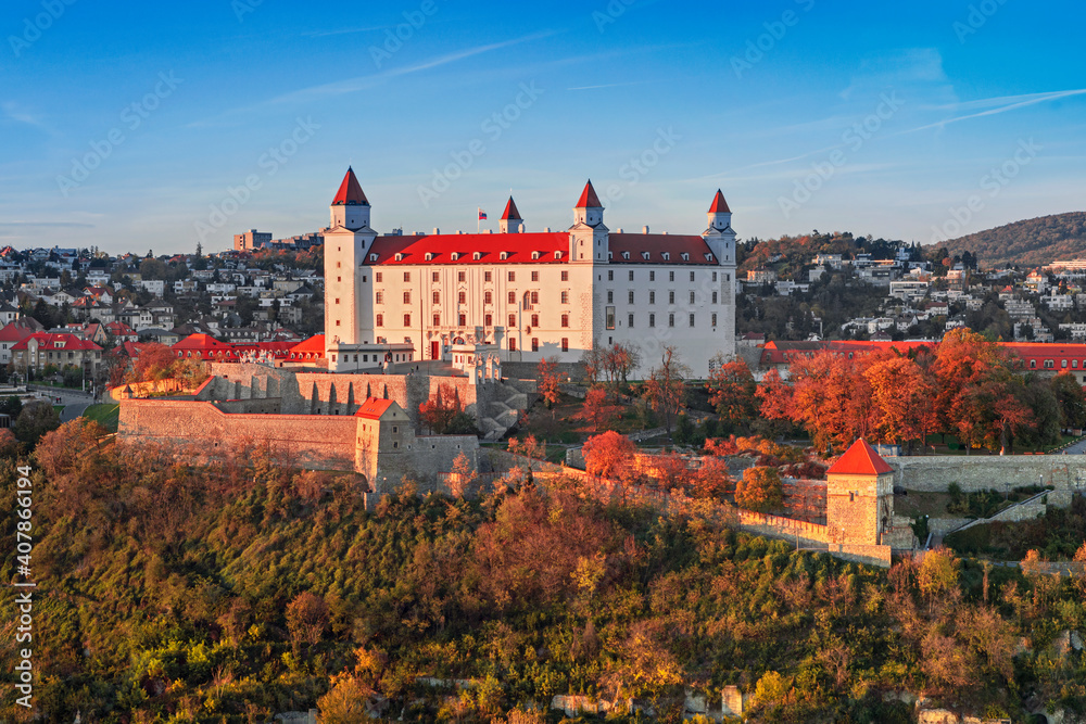 Bratislava castle, saint Martins cathedral and the old town rooftop view in Bratislava city center, Slovakia