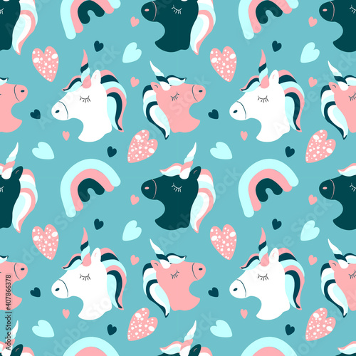 cute vector seamless pattern with hand drawn unicorns, rainbows and hearts on a blue background. childish flat illustration for printing on fabric, clothing, wrapping paper