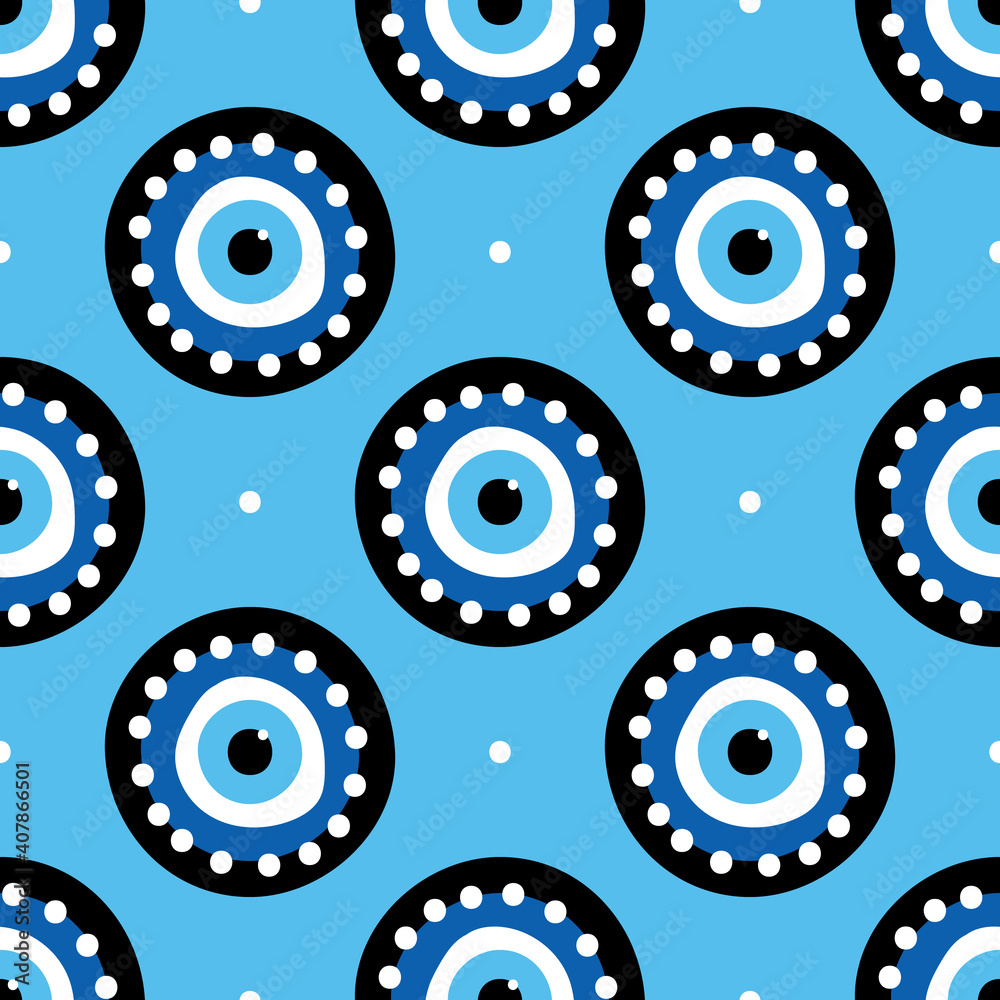 Vector seamless pattern background with conceptual decorated blue evil eyes symbols, talismans, amulets and dots.
