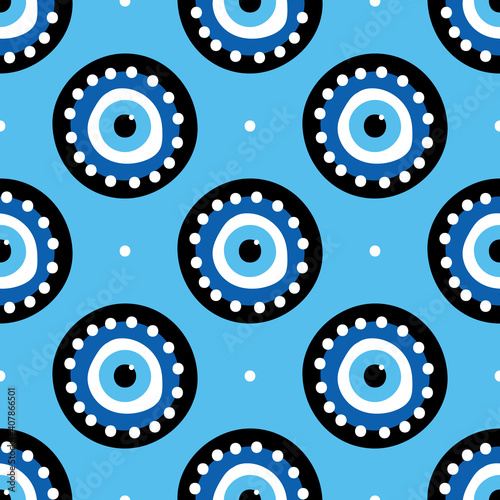 Vector seamless pattern background with conceptual decorated blue evil eyes symbols, talismans, amulets and dots.
