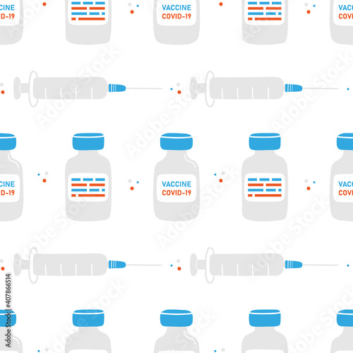 Vaccine bottles, injections, medical syringes vector cartoon style seamless pattern background. Vaccination concept.
