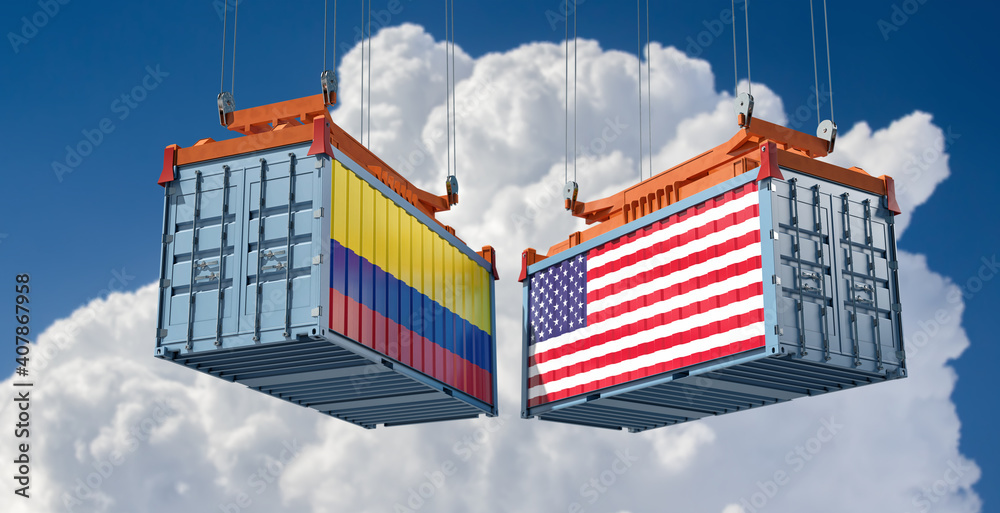 Freight containers with Colombia and USA flag. 3D Rendering 