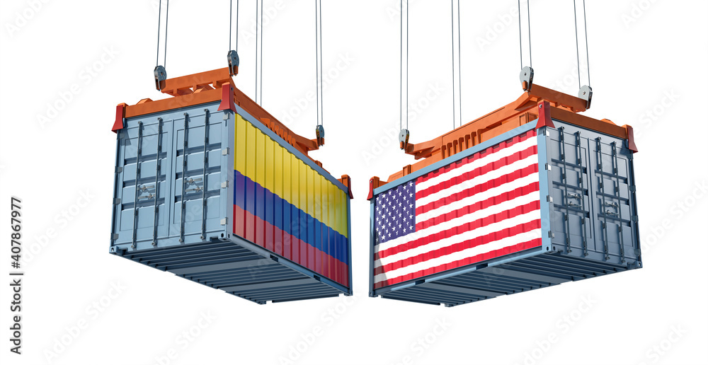 Freight containers with Colombia and USA flag. 3D Rendering Freight containers with Colombia and USA flag. 3D Rendering