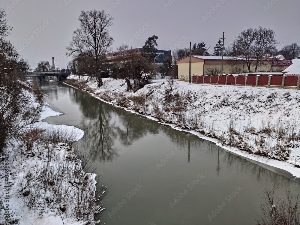 ROMANIA ,Bistrita,  Bistrita river in Winter  january 2021