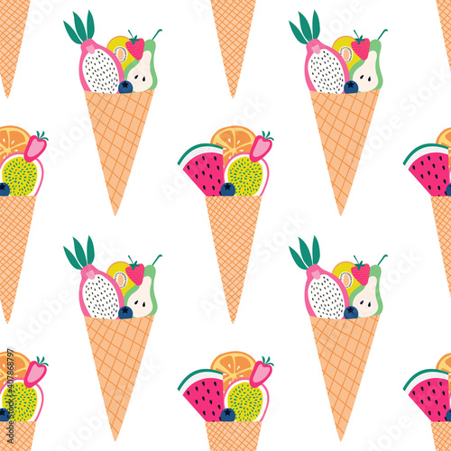 Seamless pattern of colorful fruit cones with sliced fruit.