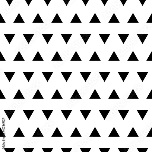 Abstract geometric backdrop with black triangles on a white background. Seamless vector pattern. For surface design, textile, social media, scrapbooking, printing.