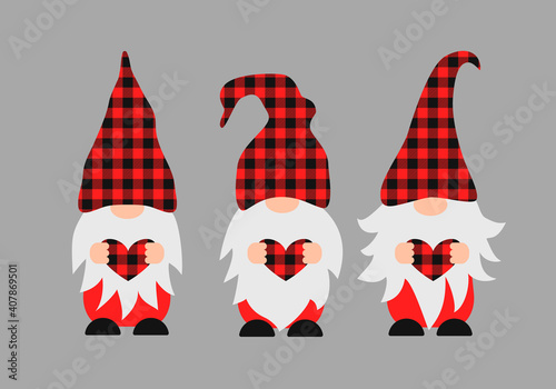 Cute cartoon gnomes holding heart. Red buffalo plaid pattern. Scandinavian Nordic Character. Vector template for Valentines Day banner, poster, greeting card, t-shirt, etc.