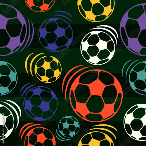 Pattern with simple multi-colored soccer balls on a green background