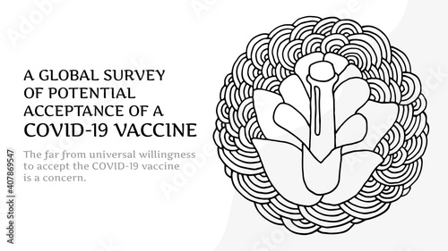 Coronavirus vaccination. A flower with a Ampoule. Website header or banner in Doodle style. A global survey of potential acceptance of a COVID-19 vaccine. Vector EPS 10