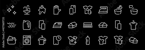Simple set of washing related vector line Icons. Contains icons such as washing machine, powder, laundry, dirty t-shirt and much more. On a white background, editable stroke. 48x48 pixels perfect