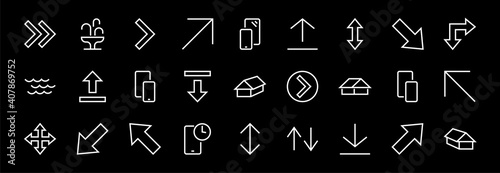 Set of line arrows, directions, arrows, contains icons such as pause, continuation, directly, to the right, Editable stroke. 480x480, On a white background, Vector illustration