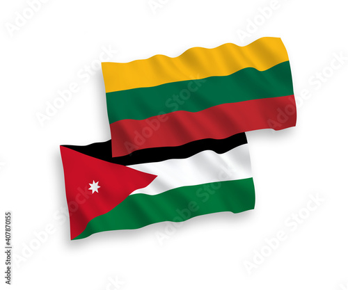 National vector fabric wave flags of Lithuania and Hashemite Kingdom of Jordan isolated on white background. 1 to 2 proportion.