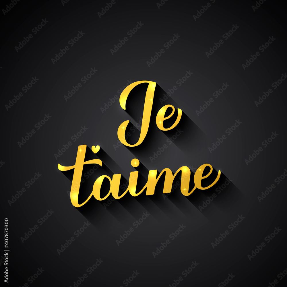 Je t aime gold calligraphy hand lettering on black background. I Love You in French. Valentines day typography poster. Vector template for banner, postcard, greeting card, flyer, label, etc. Je t aime gold calligraphy hand lettering on black background. I Love You in French. Valentines day typography poster. Vector template for banner, postcard, greeting card, flyer, label, etc.