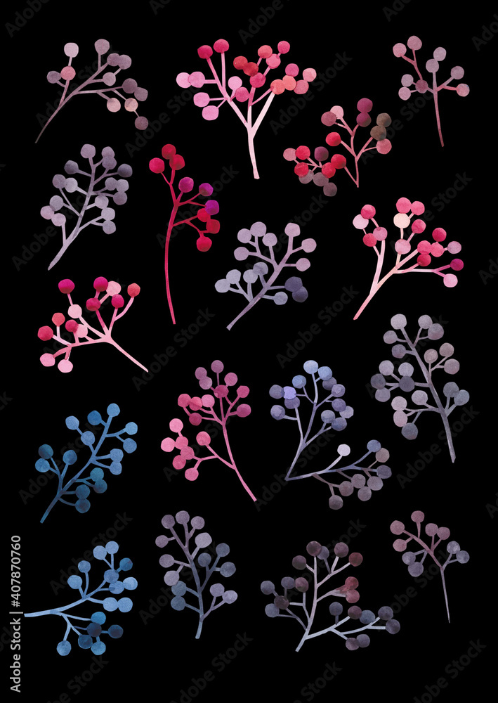 Obraz premium Hand drawn decorative colorful berries on black background 