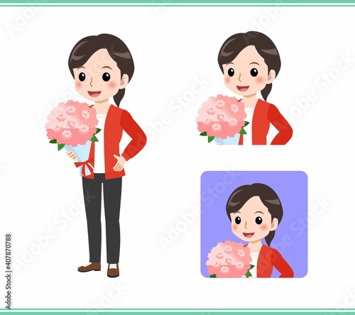 Young woman in a red cardigan