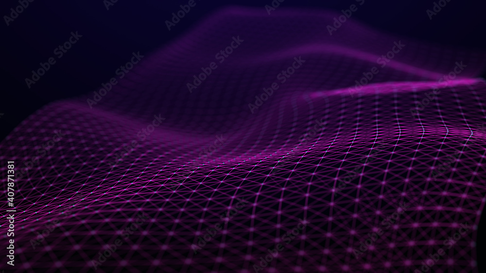 Wave with connecting points and lines. Abstract network connection. Futuristic point wave. Connection structure. 3d rendering.