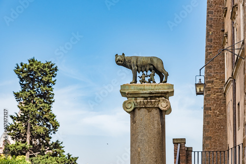 Statue of the Capitoline Wolf, Romulus, Remus, at the Piazza del Campidoglio in Rome, Italy photo