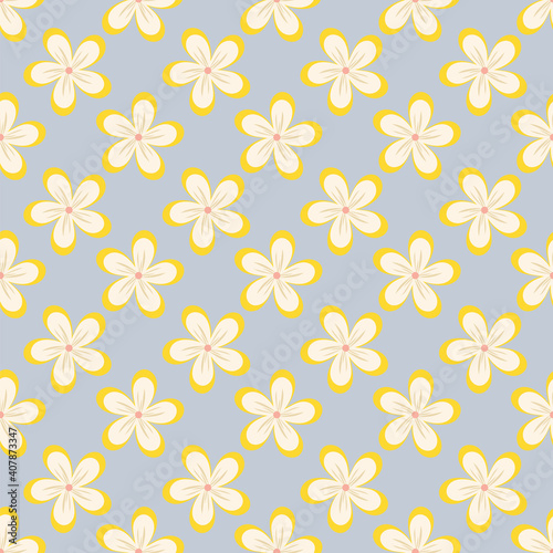 Vector illustration of plumeria tropical flowers seamless repeat pattern on a light blue background.