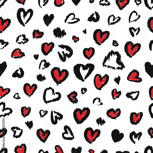 Valentine Leopard or cheetah seamless pattern. Trendy animal print. Spotted red and dark gray hearts imitate jaguar fur. Vector background for textile, fabric, wallpaper, wrapping paper, etc