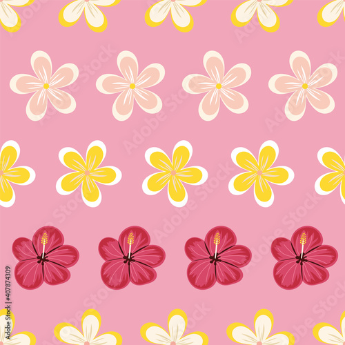 Vector illustration of hand drawn plumeria tropical flowers seamless repeat pattern on a pink background.