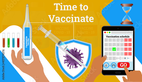 Time to vaccinate. Horizontal banner with hand holding medical vaccine,syringe,virus sign.Disease prevention Covid - 19. Tablet, beaker. Stock vector illustration on blue isolated background.