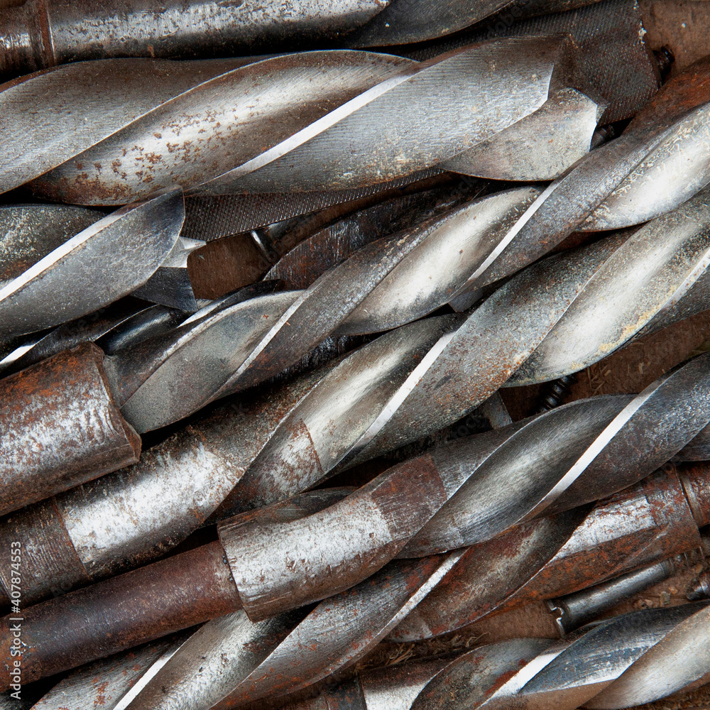 Obraz premium Retro vintage drill bits close-up, dirty and rusty