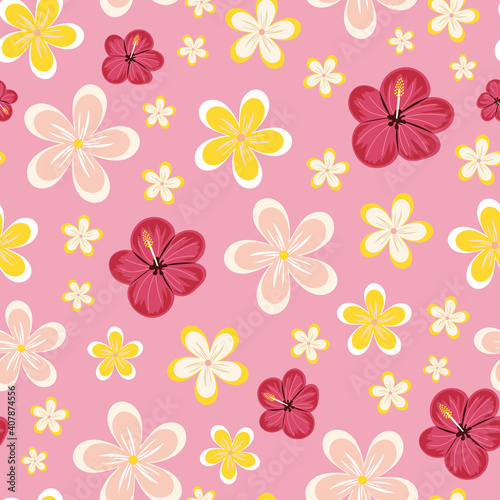 Vector illustration of hand drawn plumeria tropical flowers seamless repeat pattern on a pink background. © Nina