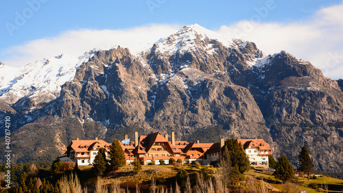 llao llao hotel and landscape with the lopez hill in the background, in bariloche patagonia argentina