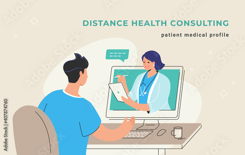 Distance health consulting and patient online medical profile. Young man sitting at his desktop and getting online healthcare consultation. Female doctor is checking patient e-profile on tablet pc