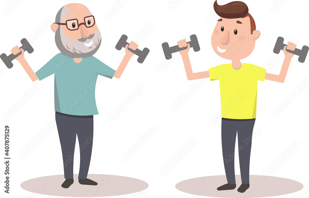 an old and young man together synchronously do exercises with dumbbells. Caring for the older generation and a healthy lifestyle. Vector graphics. person lifting weights an old and young man together synchronously do exercises with dumbbells. Caring for the older generation and a healthy lifestyle. Vector graphics. person lifting weights
