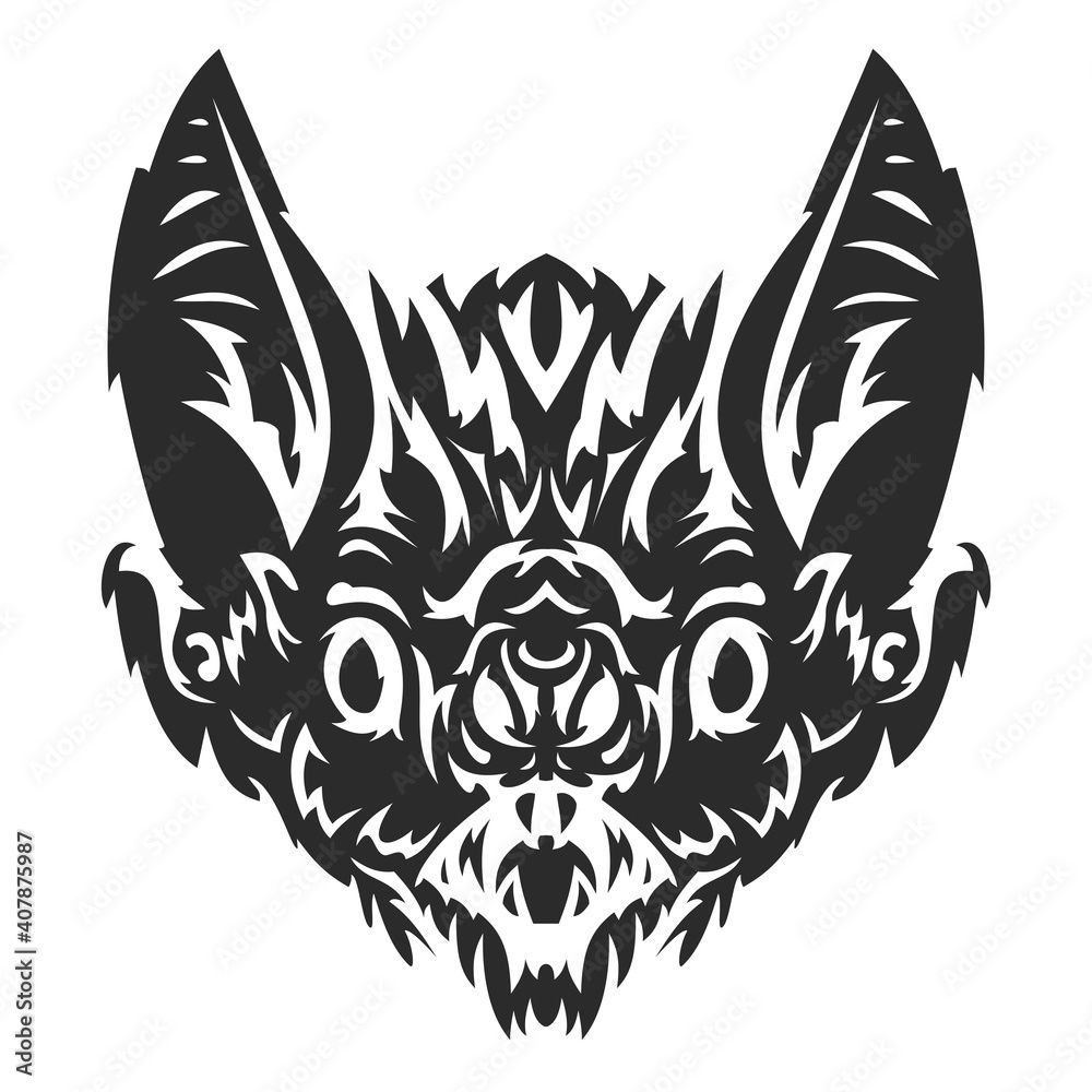 Head bat in hand drawn vintage style isolated on white background. Design element for print, tattoo, branding. Cartoon vector illustration.