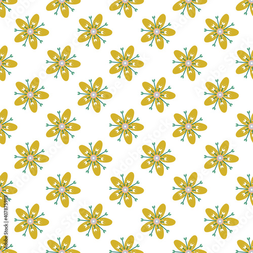 Vector illustration of yellow tropical flowers seamless repeat pattern on a white background.