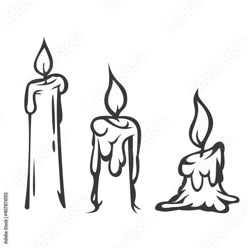 Set of hand drawn burning candles in doodle sketch style isolated on white background. Cartoon vector illustration.